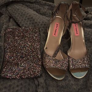Betsey Johnson Multicolor Glitter Heels and Clutch